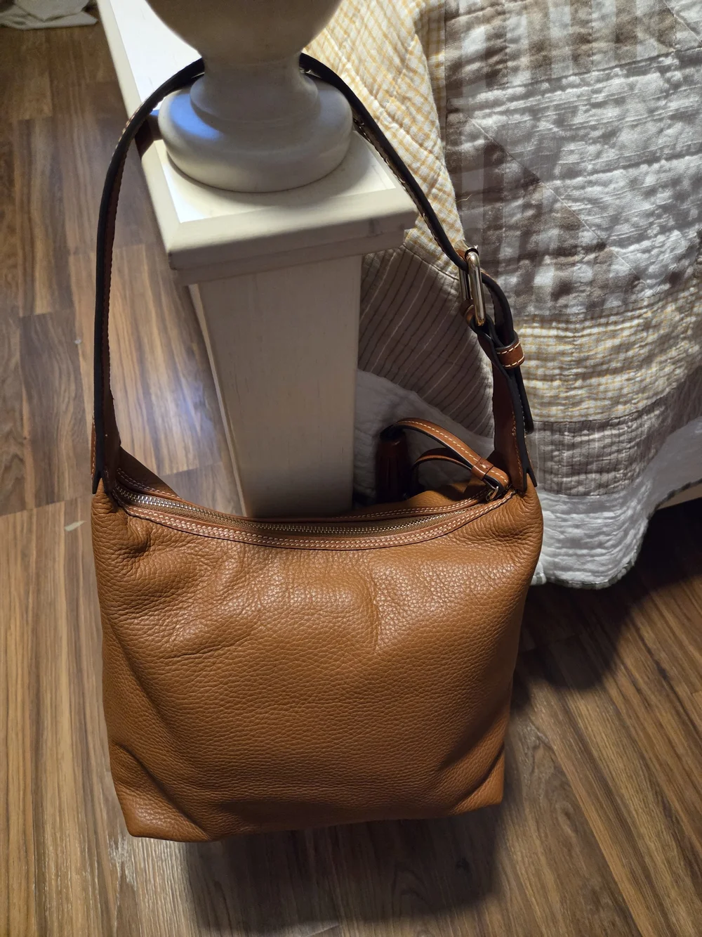 Dooney & Bourke Brown Pebbled Leather Shoulder Bag with Tassel